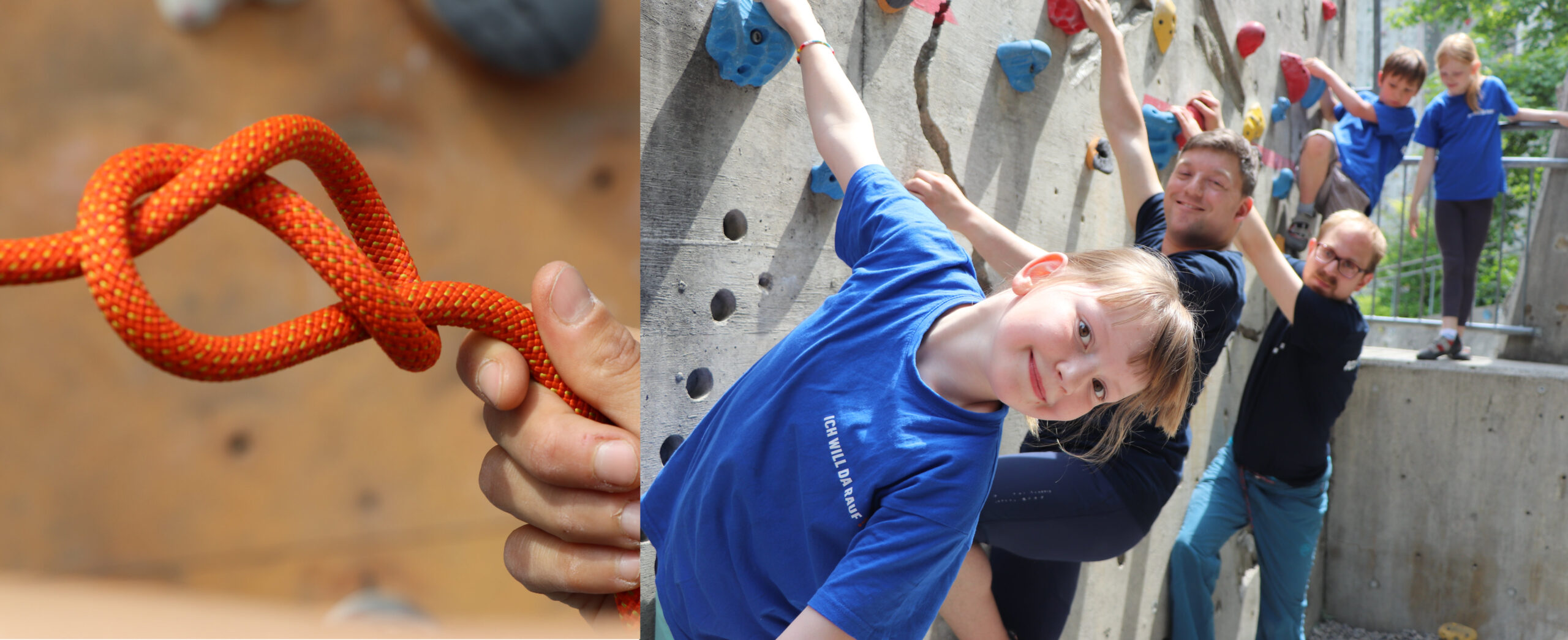 Bild 1: Hand hält Seil mit Knoten Bild 2: drei Kinder und zwei Erwachsene klettern an einer Boulderwand