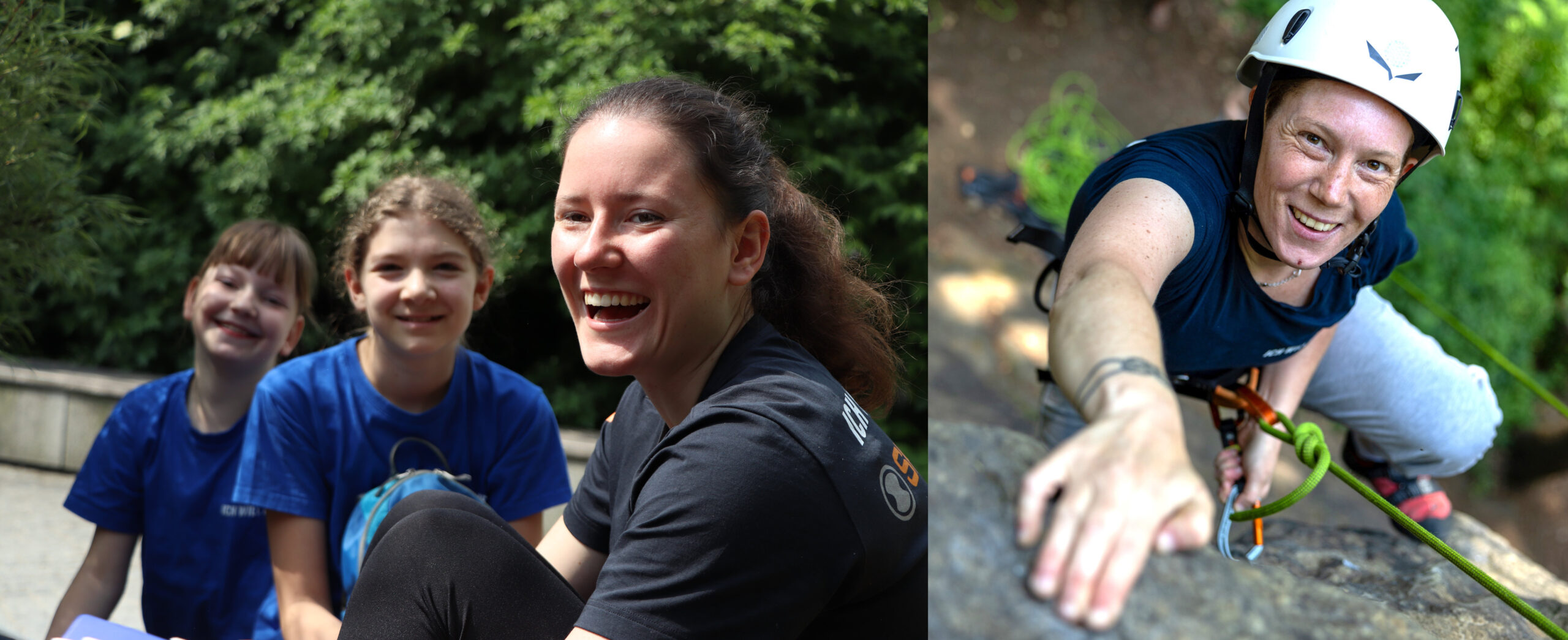 Bild links: zwei Kinder und eine erwachsene Person lachen in die Kamera. Bild rechts: eine Person kletterr am Kletterseil an einem Felsen hoch und hat einen Kletterhelm auf.